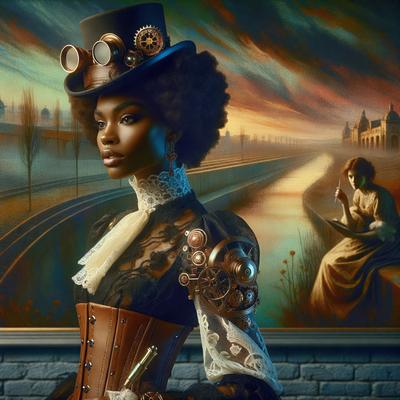 The primary subject of the image is a woman wearing a top hat and a lace dress. She is standing in front of a painting, which serves as the setting and background of the scene. The visual style of the image is a combination of digital art and illustration, creating a unique and artistic atmosphere. The colors and mood of the image are predominantly dark, with the woman's outfit and the painting's colors contributing to the overall mood.